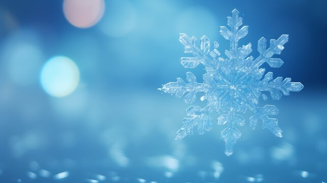 Beautiful snowflake close-up on a blue defocused background, macro photo.