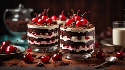 Schwarzwald Cake, Black Forest Cake in small glass jars, biscuit layered with whipped cream and cherries, garnished with chocolate shavings. bright colored theme - obrazy, fototapety, plakaty