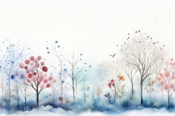 Bordure harmonieuse avec des fleurs, des feuilles et des plantes multicolores enneigées et glacées abstraites, des flocons de neige. fond blanc, illustration de prairie d'hiver. IA générative, IA - obrazy, fototapety, plakaty