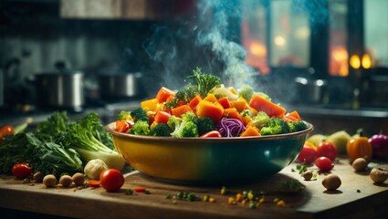 Steam cooked healthy vegetables in bowl plate - obrazy, fototapety, plakaty