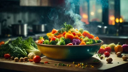 Poster Steam cooked healthy vegetables in bowl plate © ArtistiKa