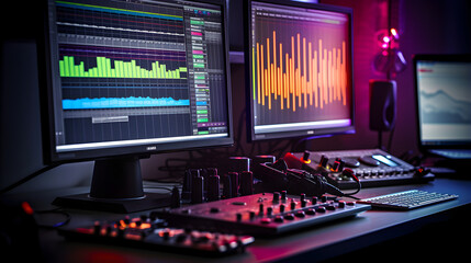 male music producer hands arranging a song on midi keyboard, computer and professional equipment in...