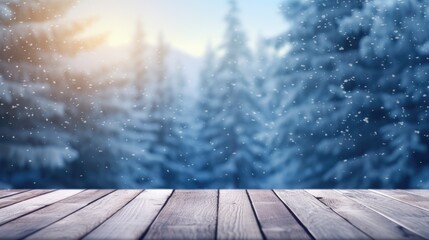 empty wooden table on a snowy forest with fir trees and winter snow in the background. Product showcase concept. 