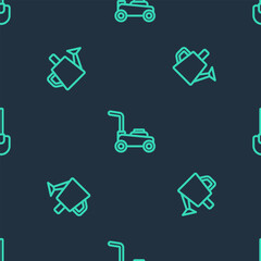 Set line Lawn mower, Watering can and Shovel on seamless pattern. Vector