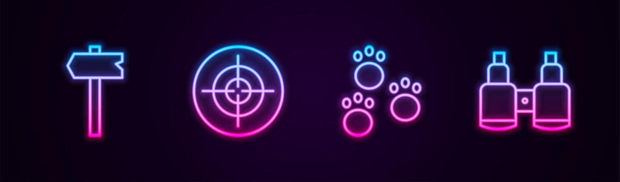 Set line Road traffic sign, Target sport, Paw print and Binoculars. Glowing neon icon. Vector