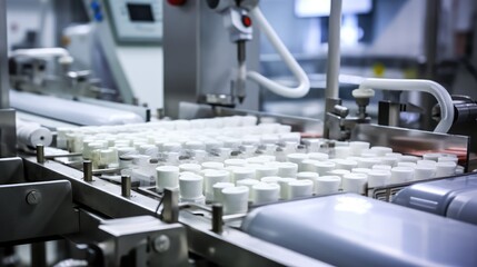 Fototapeta premium pharmaceutical industry. Production line machine conveyor with glass bottles ampoules at factory