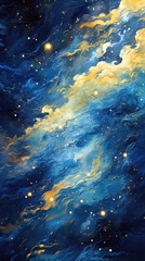 Abstract blue gold cosmic background with space, stars and nebula
