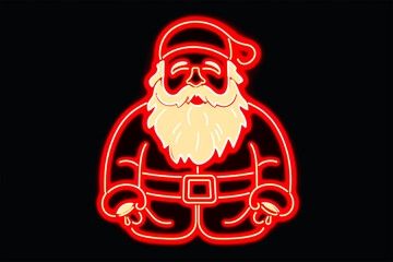 Neon lamp of happy Santa Claus, red line cartoon style.