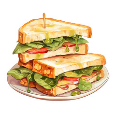 Club Sandwich Watercolor Illustration on Transparent Background - Gourmet Food Art