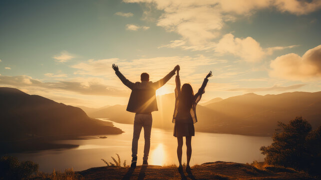 Happy couple holding hands and looking at sunset in mountains. Travel concept
