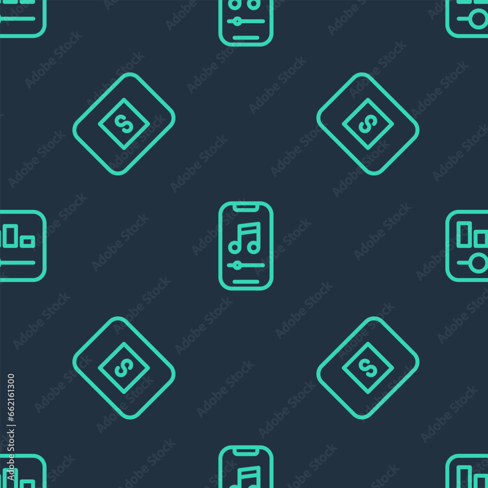 Wall mural Set line Music player, Stop media button and equalizer on seamless pattern. Vector