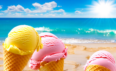 Strawberry and lemon flavored ice cream cones on the seashore and sunny beach