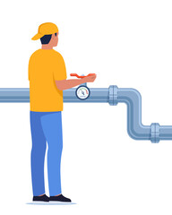 Engineer or repairman in workwear inspect petroleum or water pipelines. Valve and pressure gauge on the pipe. Oil, gas or water industry. Vector illustration.