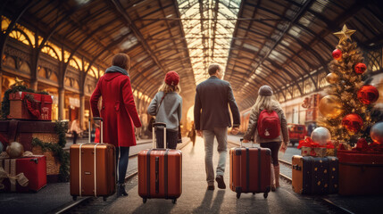 Family and suitcases in the train station at christmas