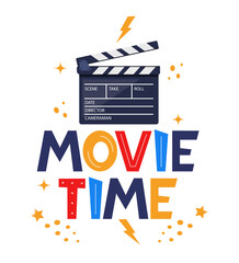 Movie time hand drawing lettering. Creative template for cinema poster, banner. Movie time concept with cinema elements. Vector illustration.