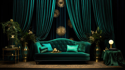 stage with couch, stars and  green curtains - obrazy, fototapety, plakaty