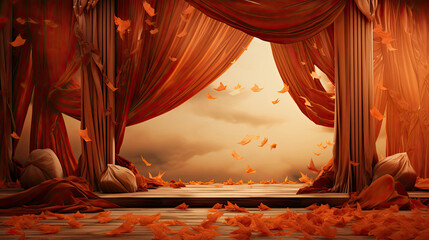 stage with orange curtains and autumn decor for showcase - obrazy, fototapety, plakaty