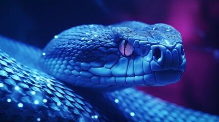 A close-up of a vibrant blue snake's head