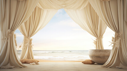 Fototapeta na wymiar Curtains with beach view for showcase