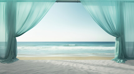 Fototapeta na wymiar Blue Curtains with beach view for showcase