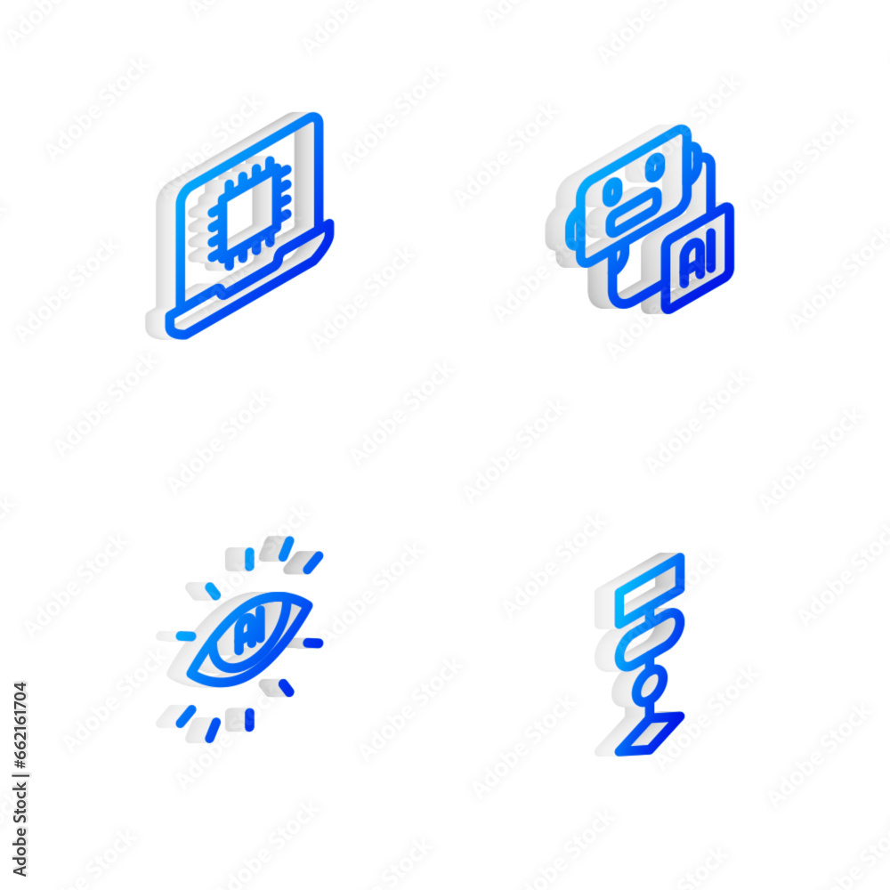 Poster set isometric line artificial intelligence robot, processor cpu, ai and algorithm icon. vector