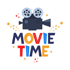 Movie time hand drawing lettering. Creative template for cinema poster, banner. Movie time concept with cinema elements. Vector illustration.