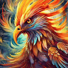 Capture the essence of a mythical Phoenix in this exquisite stock photograph, featuring detailed feathers in fiery and vibrant hues. This majestic artwork exudes a sense of awe and wonder, making it p