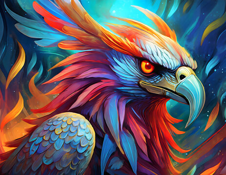 Unleash the mythical and dynamic with this striking stock photograph featuring a fierce Griffin. Its formidable beak commands attention, while it&rsquo;s regal and vivid plumage adds an element of majesty t