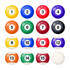 Billiard, pool balls with numbers, set. Realistic glossy snooker ball. Vector illustration.