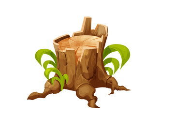 Wooden stump forest tree trunk with roots, cut section in cartoon style isolated. Plant detailed.  © Alyona