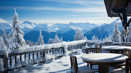 Fototapeta premium Snowy Paradise: A panoramic view of a serene winter landscape at the entrance to a luxurious mountain resort. Snow-covered trees and mountains frame the scene.