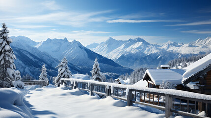 Snowy Paradise: A panoramic view of a serene winter landscape at the entrance to a luxurious mountain resort. Snow-covered trees and mountains frame the scene.