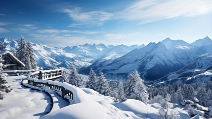 Fototapeta premium Snowy Paradise: A panoramic view of a serene winter landscape at the entrance to a luxurious mountain resort. Snow-covered trees and mountains frame the scene.