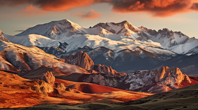 Slopes at Dusk: A breathtaking image of skiers descending a mountain slope at sunset, with the alpenglow casting a warm hue on the snowy peaks.