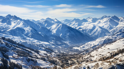 Ski Resort Panorama: An aerial view of a grand ski resort with various slopes, lifts, and chalets, set against a stunning mountain backdrop. - obrazy, fototapety, plakaty
