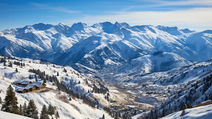 Ski Resort Panorama: An aerial view of a grand ski resort with various slopes, lifts, and chalets, set against a stunning mountain backdrop.