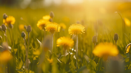 Campo de flores amarillas diente de león al atardecer recibiendo últimos rayos del sol.  - obrazy, fototapety, plakaty