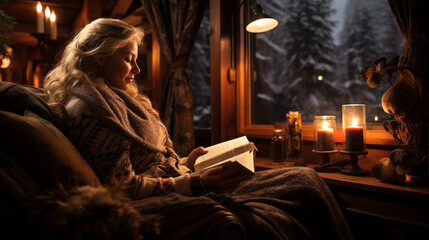 Fireside Reading: A cozy nook inside a winter resort lodge, with a reader enjoying a book by the fireplace, snowflakes falling outside. - obrazy, fototapety, plakaty