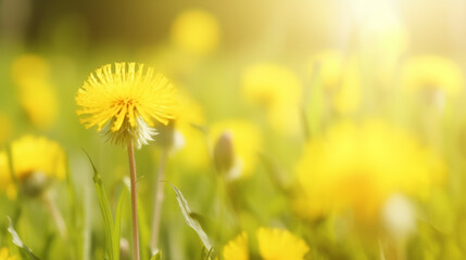 Campo de flores amarillas diente de león al atardecer recibiendo últimos rayos del sol.  - obrazy, fototapety, plakaty