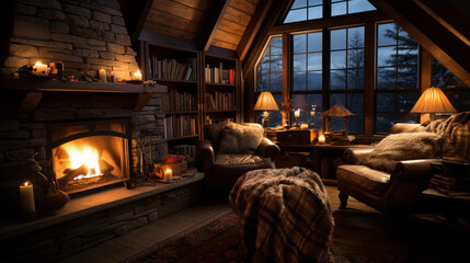 Fireside Reading: A cozy nook inside a winter resort lodge, with a reader enjoying a book by the fireplace, snowflakes falling outside.