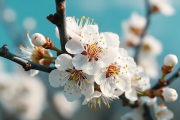 Flores de almendro en primavera, rama de almendro en flor sobre cielo azul. - obrazy, fototapety, plakaty