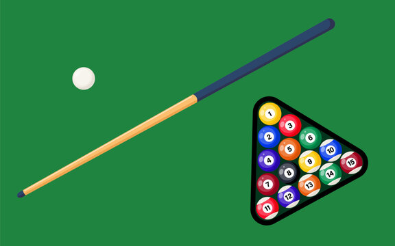 Billiard cue and pool balls in triangle on green table. Billiard balls, triangle and pool stick for game on green table top view. Vector illustration.