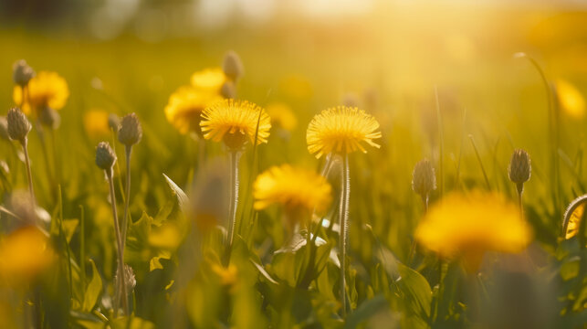 Fototapeta Campo de flores amarillas diente de león al atardecer recibiendo últimos rayos del sol. 
