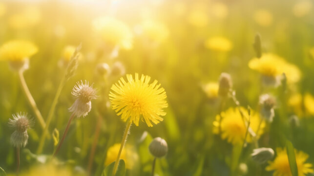 Campo De Flores Amarillas Diente De León Al Atardecer Recibiendo últimos Rayos Del Sol. 