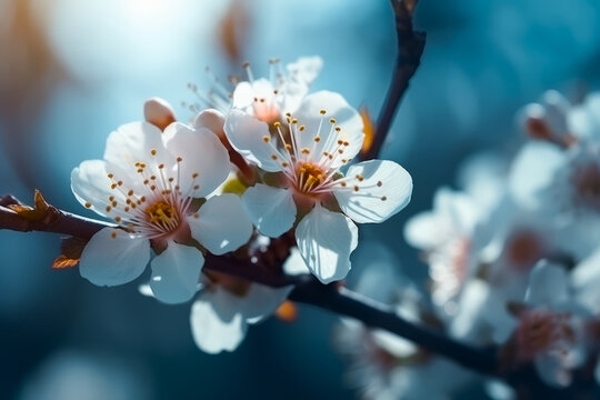 Flores de almendro en primavera, rama de almendro en flor sobre cielo azul.