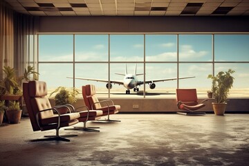 Vacant airport lounge with plane in the distance. Generative AI