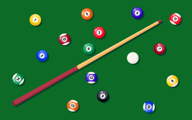Billiard cue and pool balls on green table. Billiard balls and pool stick for game on green table, top view. Vector illustration.