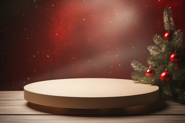 Podium, pedestal or platform for product presentation with christmas tree and red baubles on it
