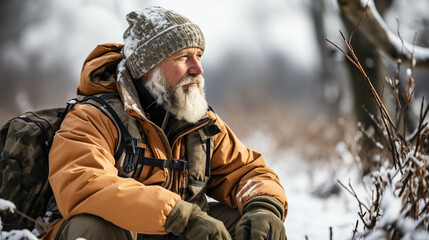 Obraz premium Winter Birdwatching: A dedicated birdwatcher observing winter birds in a snowy landscape, with binoculars and a field guide in hand.