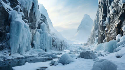 Winter Rock Climbing: Climbers scaling a frozen waterfall, with ice axes and crampons, set against a pristine ice-covered backdrop.